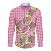 Aloha Puakenikeni Anthurium Pikake Lei Long Sleeve Button Shirt Tropical Pink Hawaiian Palaka Pattern