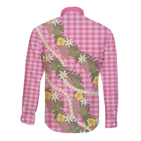 Aloha Puakenikeni Anthurium Pikake Lei Long Sleeve Button Shirt Tropical Pink Hawaiian Palaka Pattern