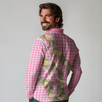 Aloha Puakenikeni Anthurium Pikake Lei Long Sleeve Polo Shirt Tropical Pink Hawaiian Palaka Pattern