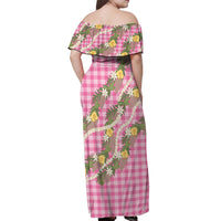 Aloha Puakenikeni Anthurium Pikake Lei Off Shoulder Maxi Dress Tropical Pink Hawaiian Palaka Pattern