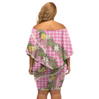 Aloha Puakenikeni Anthurium Pikake Lei Off Shoulder Short Dress Tropical Pink Hawaiian Palaka Pattern