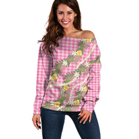Aloha Puakenikeni Anthurium Pikake Lei Off Shoulder Sweater Tropical Pink Hawaiian Palaka Pattern