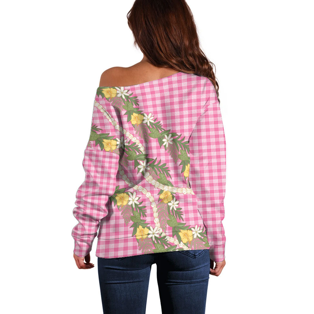 Aloha Puakenikeni Anthurium Pikake Lei Off Shoulder Sweater Tropical Pink Hawaiian Palaka Pattern