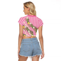 Aloha Puakenikeni Anthurium Pikake Lei Raglan Cropped T Shirt Tropical Pink Hawaiian Palaka Pattern