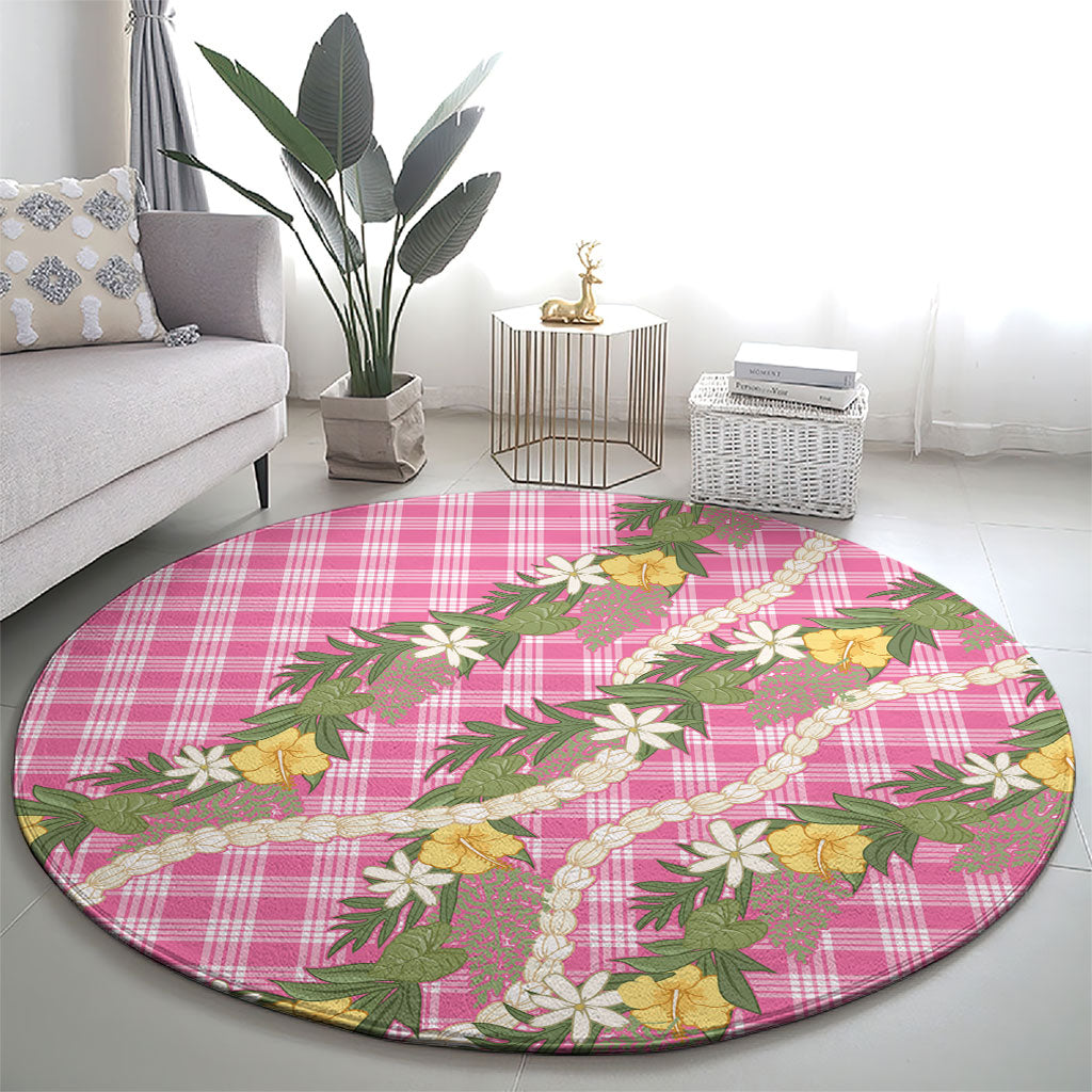 Aloha Puakenikeni Anthurium Pikake Lei Round Carpet Tropical Pink Hawaiian Palaka Pattern