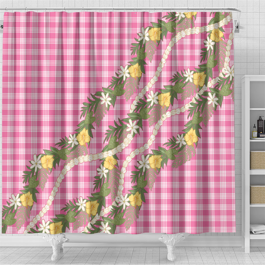 Aloha Puakenikeni Anthurium Pikake Lei Shower Curtain Tropical Pink Hawaiian Palaka Pattern