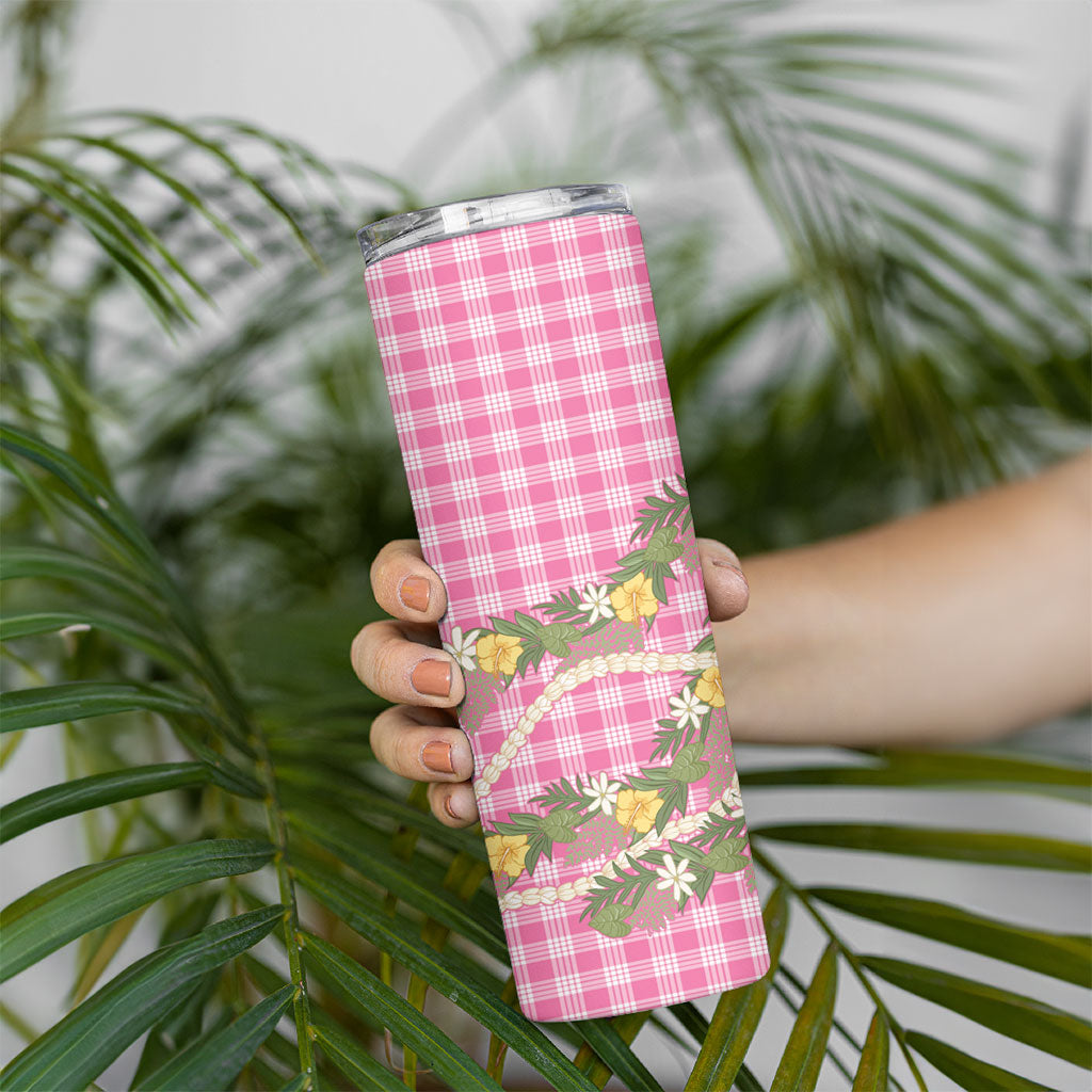 Aloha Puakenikeni Anthurium Pikake Lei Skinny Tumbler Tropical Pink Hawaiian Palaka Pattern