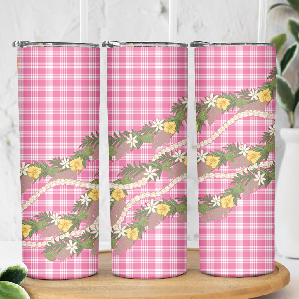 Aloha Puakenikeni Anthurium Pikake Lei Skinny Tumbler Tropical Pink Hawaiian Palaka Pattern