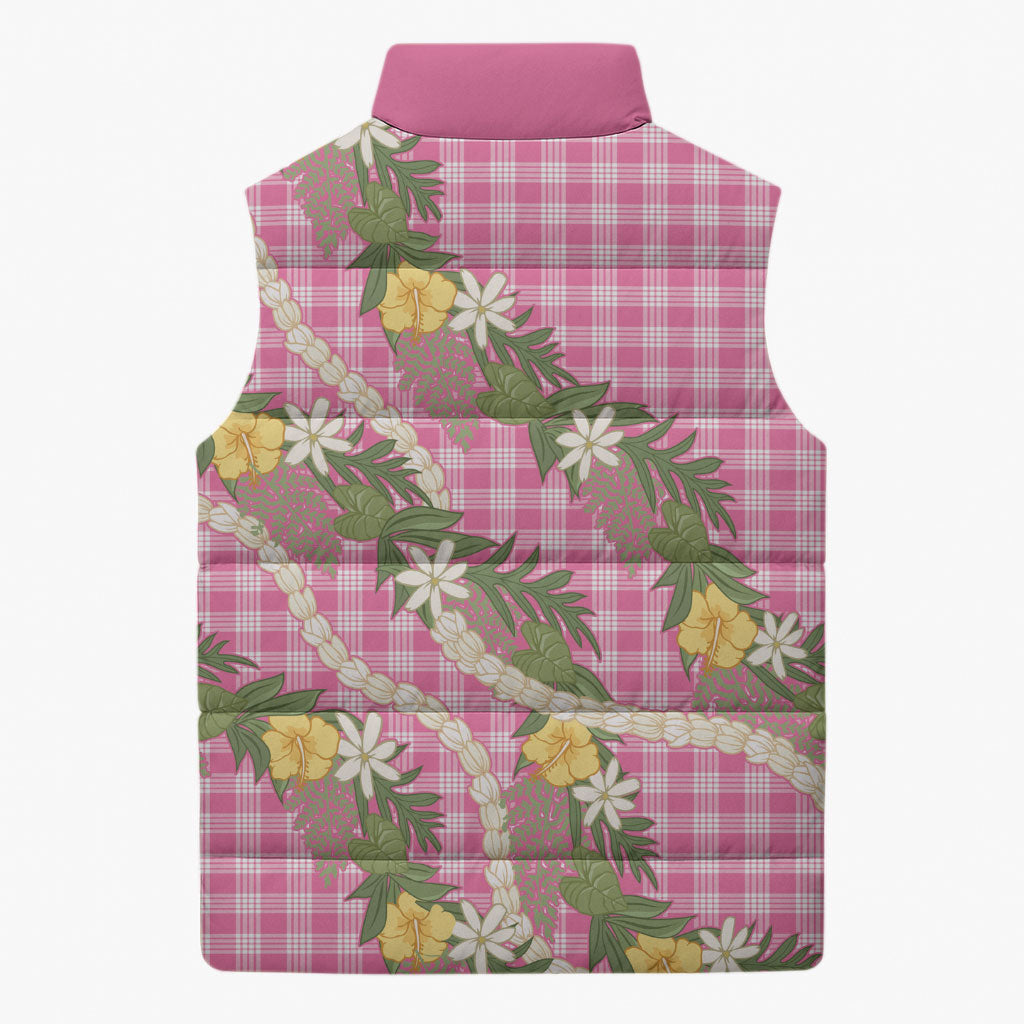 Aloha Puakenikeni Anthurium Pikake Lei Sleeveless Puffer Jacket Tropical Pink Hawaiian Palaka Pattern