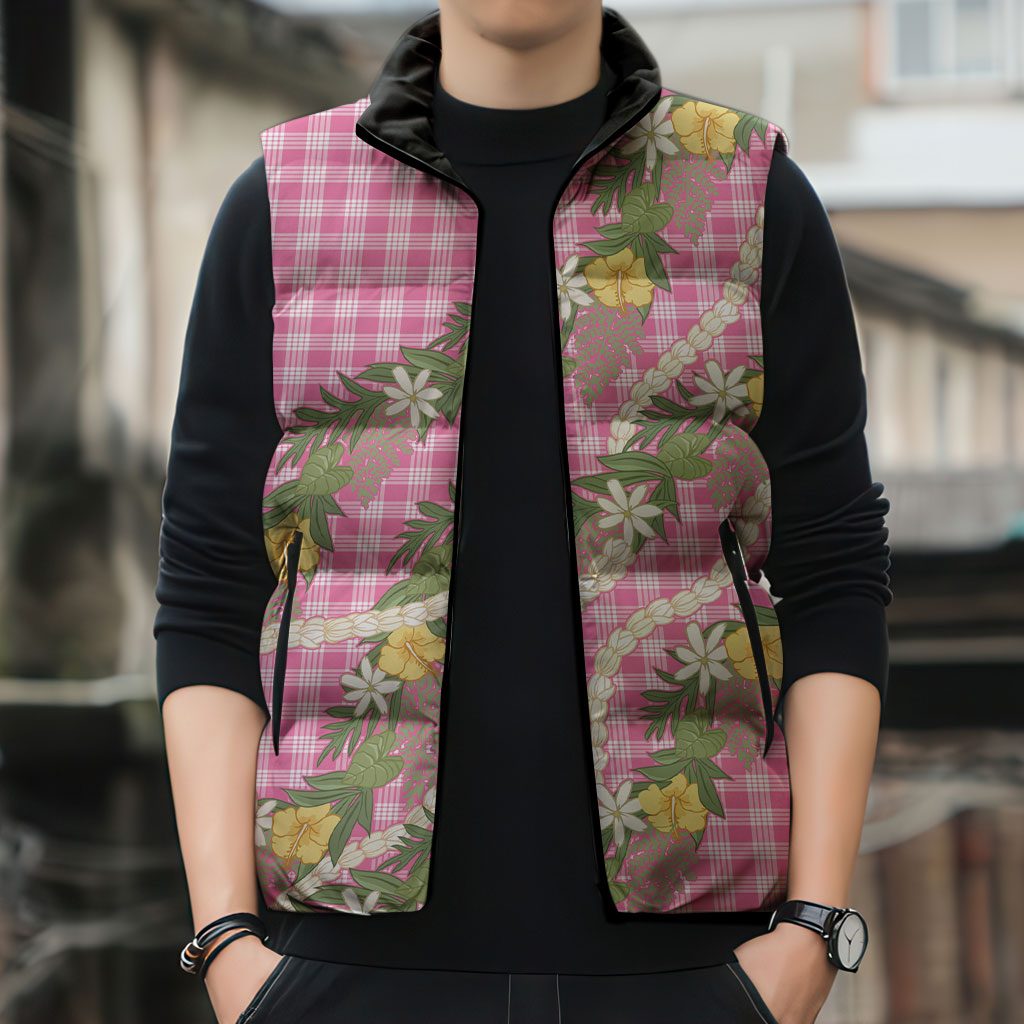 Aloha Puakenikeni Anthurium Pikake Lei Sleeveless Puffer Jacket Tropical Pink Hawaiian Palaka Pattern