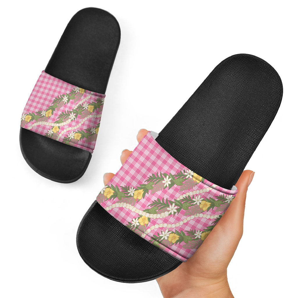 Aloha Puakenikeni Anthurium Pikake Lei Slide Sandals Tropical Pink Hawaiian Palaka Pattern