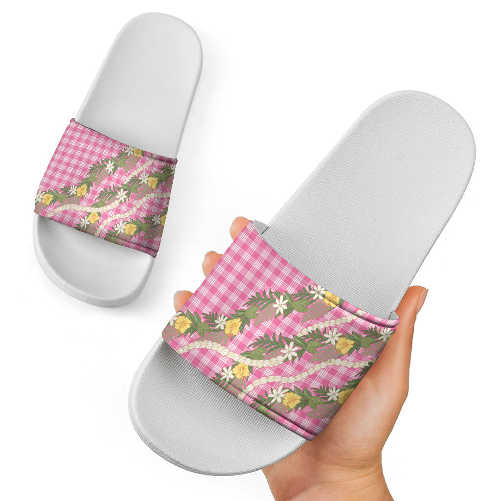 Aloha Puakenikeni Anthurium Pikake Lei Slide Sandals Tropical Pink Hawaiian Palaka Pattern