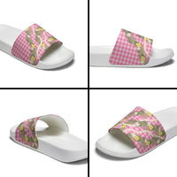 Aloha Puakenikeni Anthurium Pikake Lei Slide Sandals Tropical Pink Hawaiian Palaka Pattern