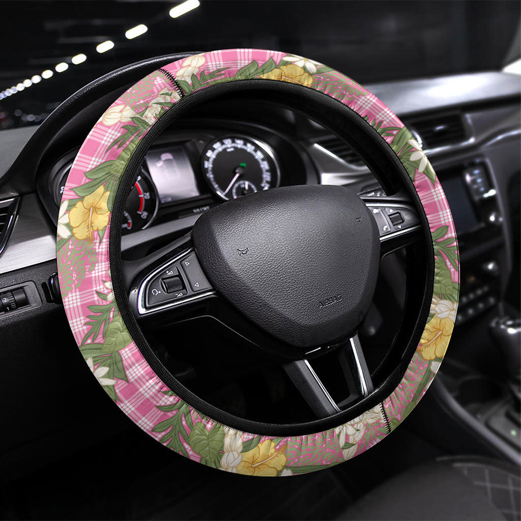 Aloha Puakenikeni Anthurium Pikake Lei Steering Wheel Cover Tropical Pink Hawaiian Palaka Pattern