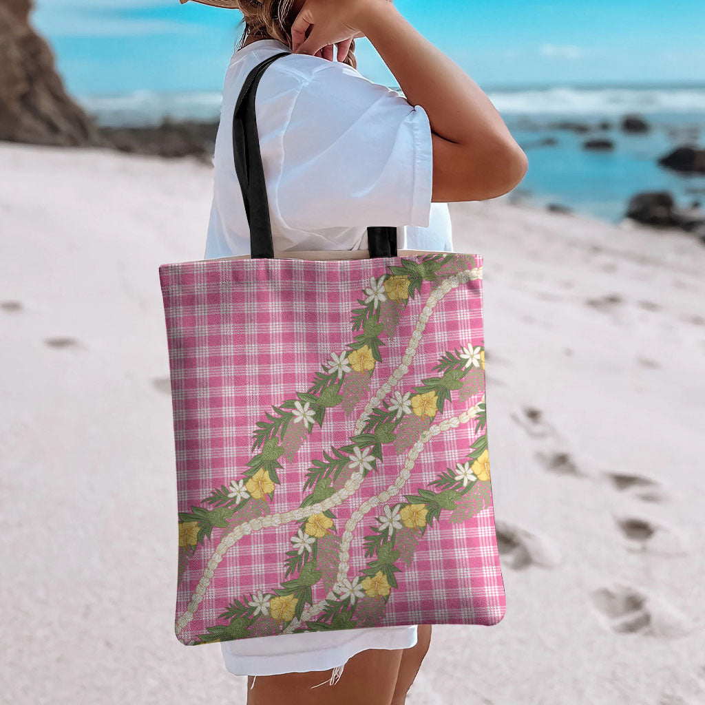 Aloha Puakenikeni Anthurium Pikake Lei Tote Bag Tropical Pink Hawaiian Palaka Pattern