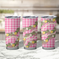 Aloha Puakenikeni Anthurium Pikake Lei Tumbler Cup Tropical Pink Hawaiian Palaka Pattern