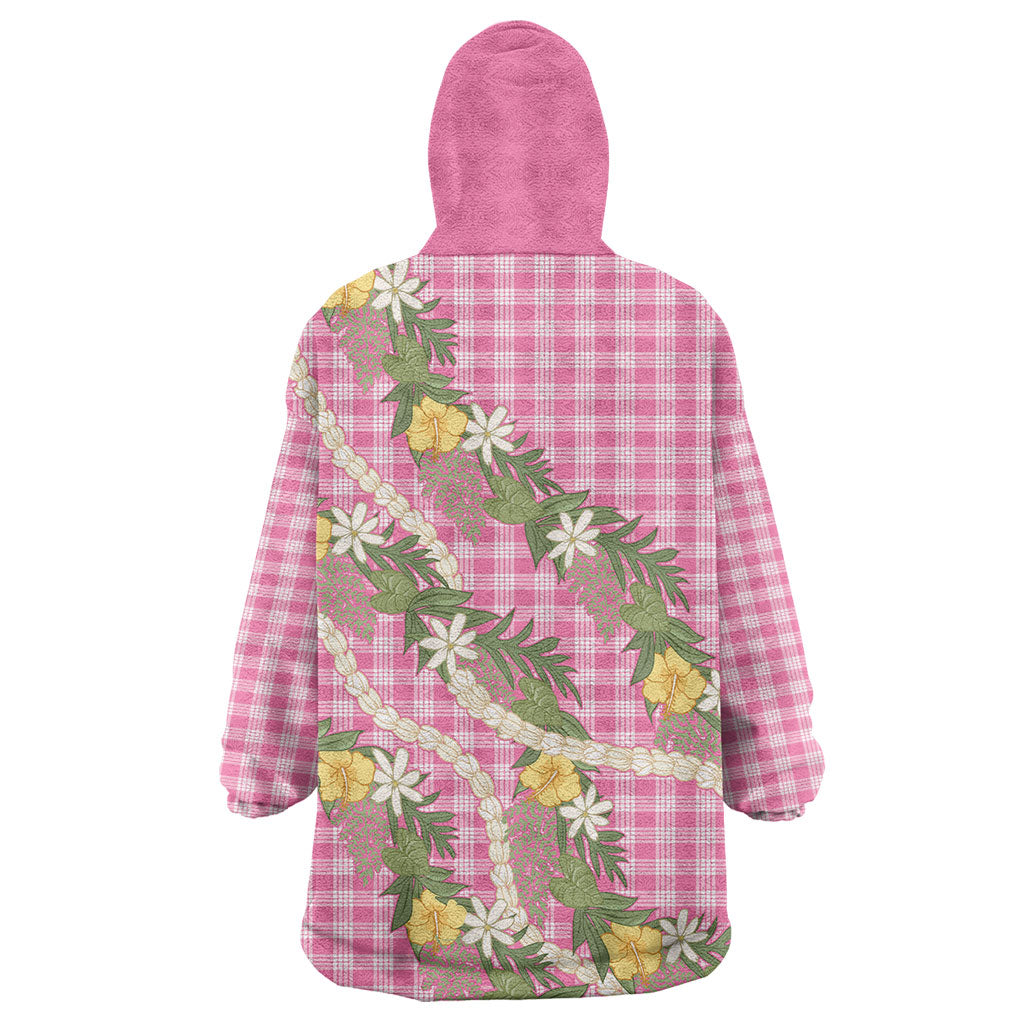 Aloha Puakenikeni Anthurium Pikake Lei Wearable Blanket Hoodie Tropical Pink Hawaiian Palaka Pattern