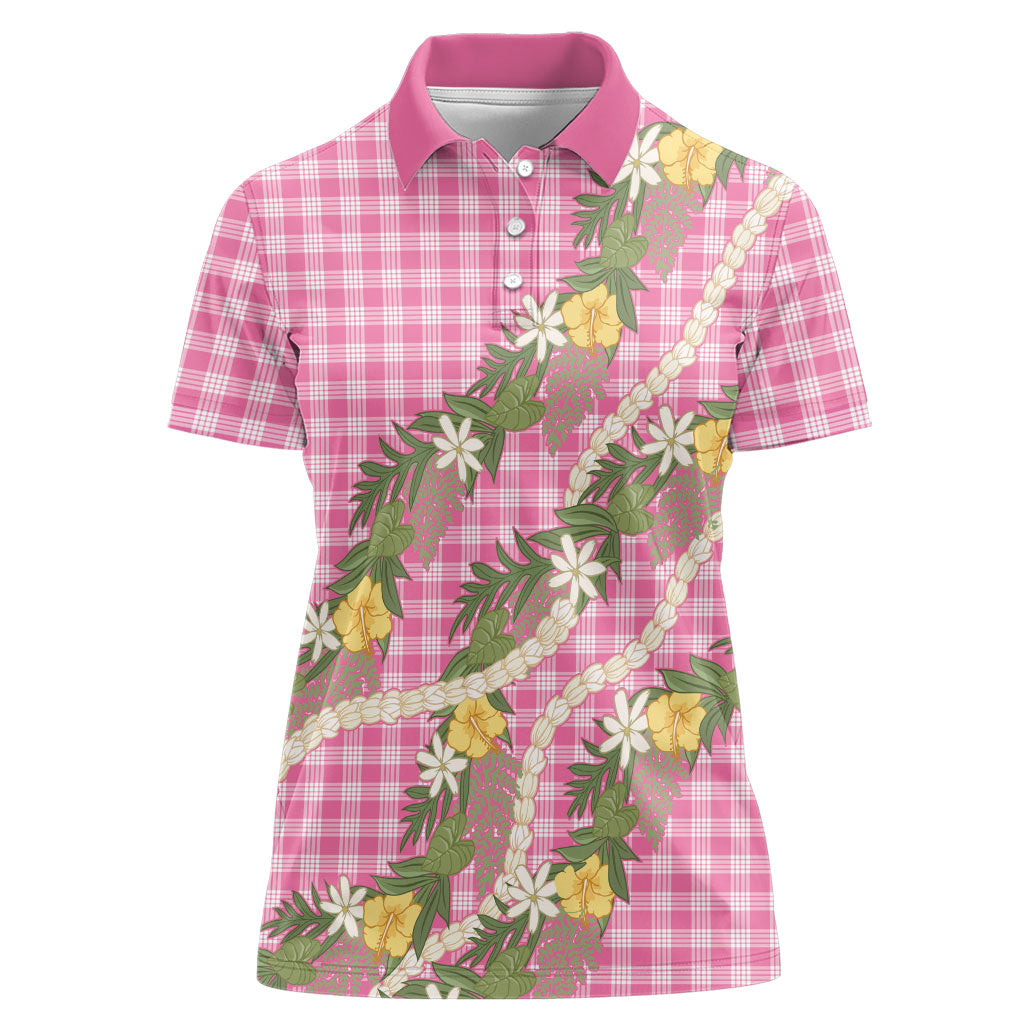 Aloha Puakenikeni Anthurium Pikake Lei Women Polo Shirt Tropical Pink Hawaiian Palaka Pattern