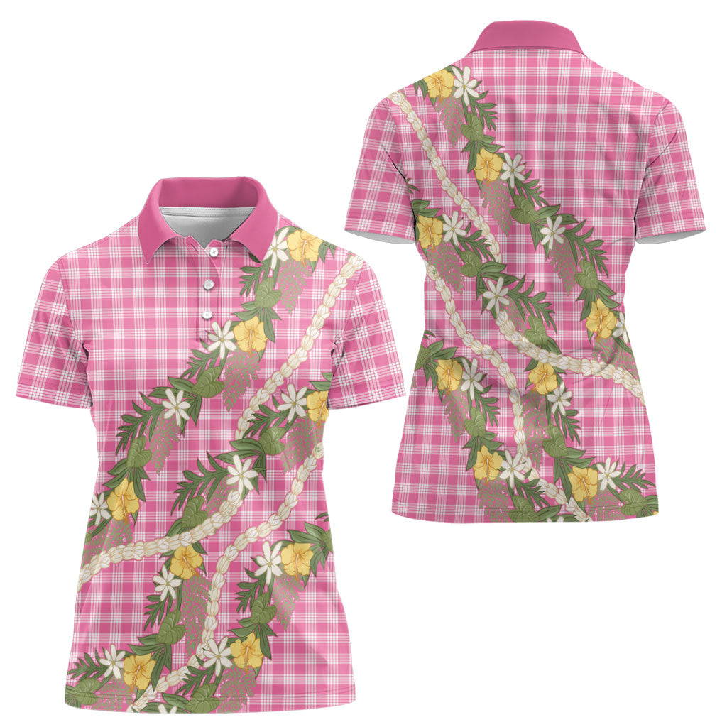 Aloha Puakenikeni Anthurium Pikake Lei Women Polo Shirt Tropical Pink Hawaiian Palaka Pattern