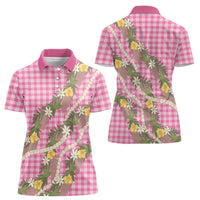Aloha Puakenikeni Anthurium Pikake Lei Women Polo Shirt Tropical Pink Hawaiian Palaka Pattern