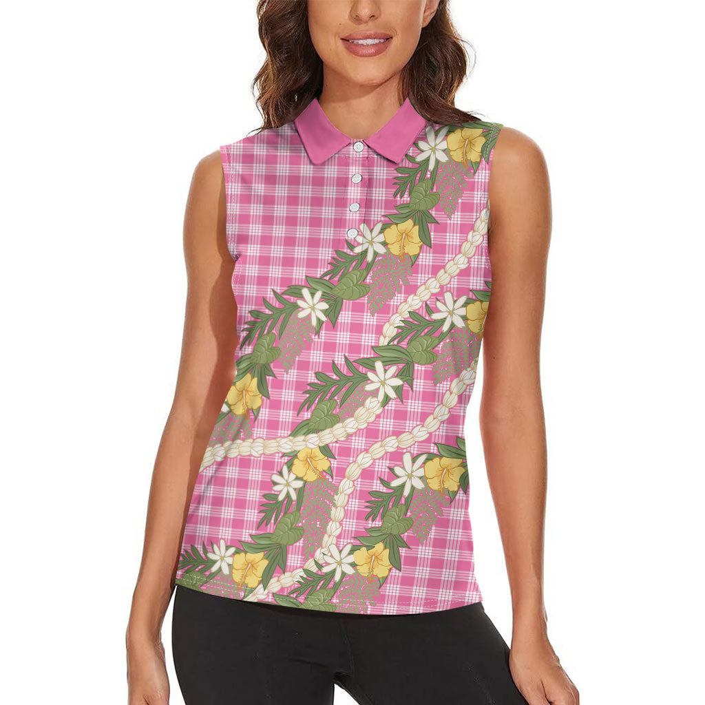 Aloha Puakenikeni Anthurium Pikake Lei Women Sleeveless Polo Shirt Tropical Pink Hawaiian Palaka Pattern