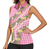 Aloha Puakenikeni Anthurium Pikake Lei Women Sleeveless Polo Shirt Tropical Pink Hawaiian Palaka Pattern