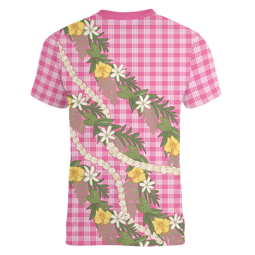 Aloha Puakenikeni Anthurium Pikake Lei Women V-Neck T-Shirt Tropical Pink Hawaiian Palaka Pattern