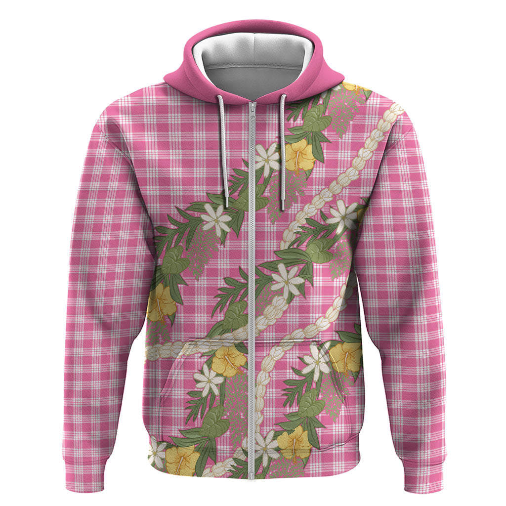 Aloha Puakenikeni Anthurium Pikake Lei Zip Hoodie Tropical Pink Hawaiian Palaka Pattern