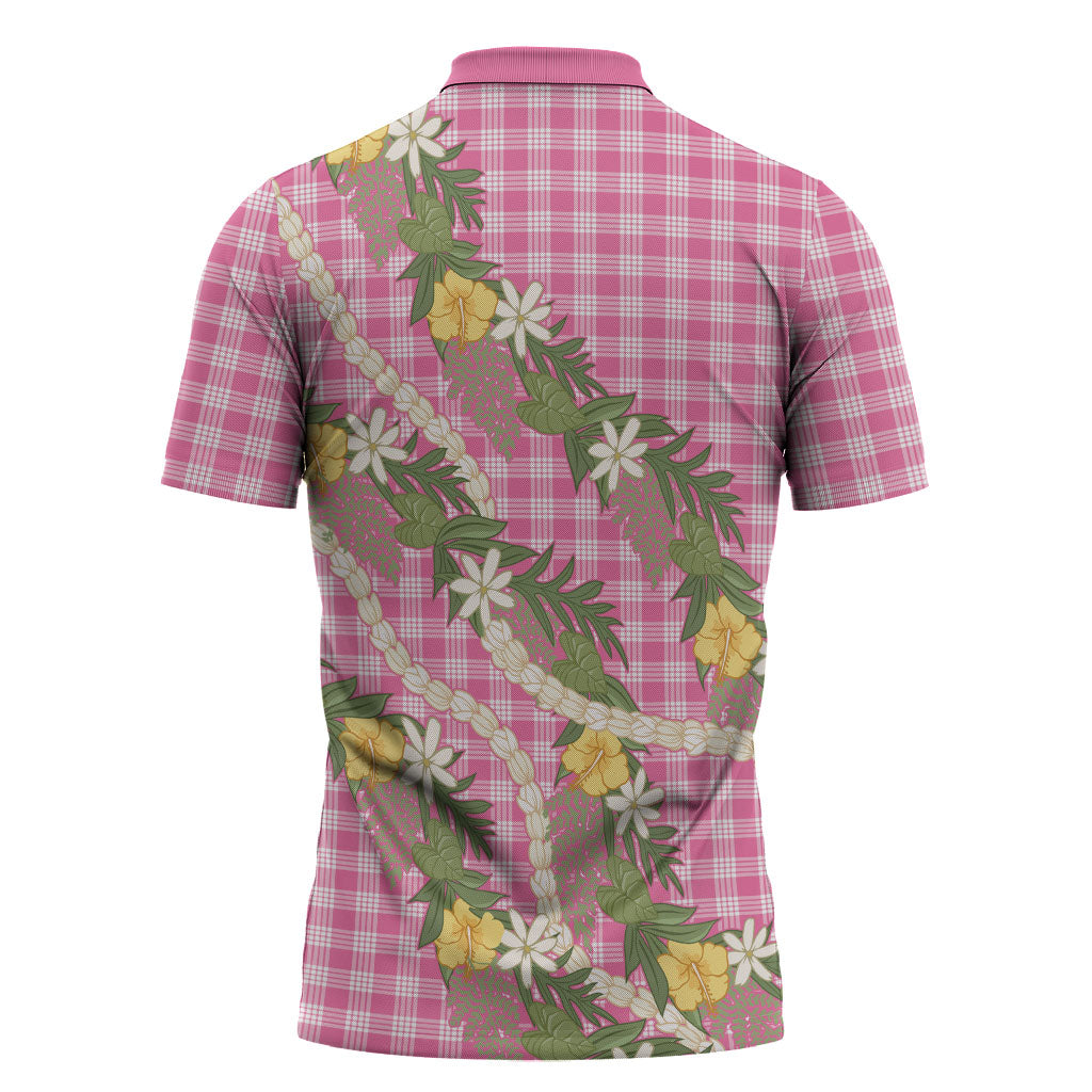 Aloha Puakenikeni Anthurium Pikake Lei Zipper Polo Shirt Tropical Pink Hawaiian Palaka Pattern