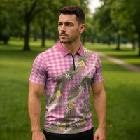 Aloha Puakenikeni Anthurium Pikake Lei Zipper Polo Shirt Tropical Pink Hawaiian Palaka Pattern