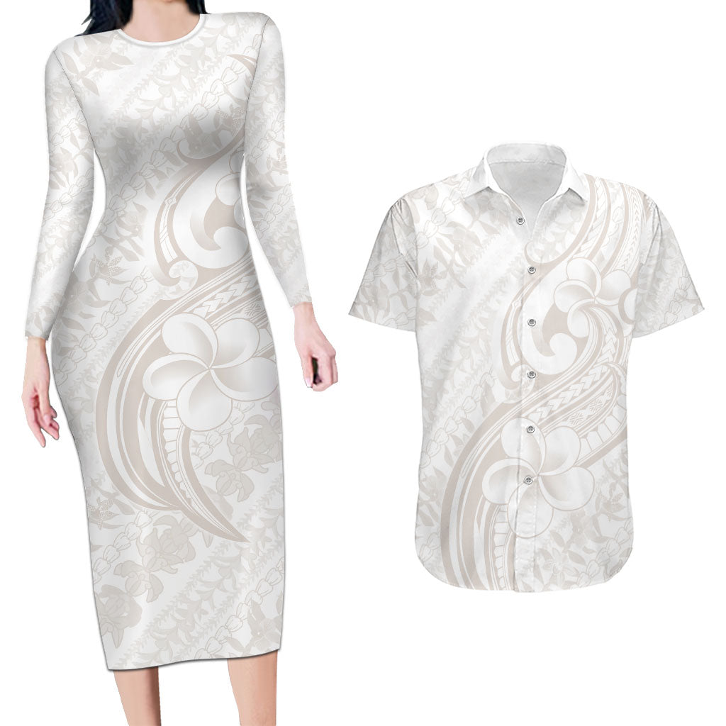 Hawaii Plumeria Lokelani Pikake Lei Couples Matching Long Sleeve Bodycon Dress and Hawaiian Shirt Sandy Beige Polynesian Tattoo