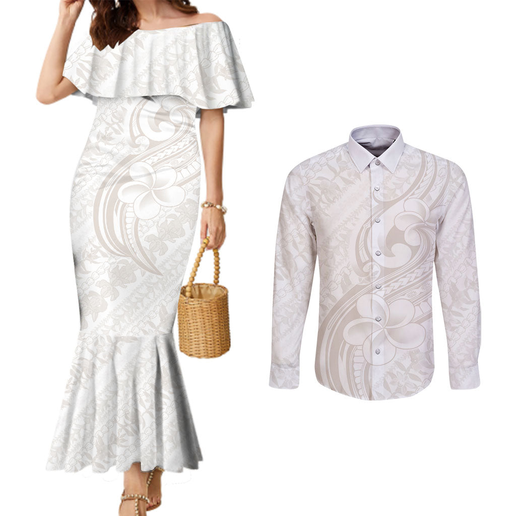 Hawaii Plumeria Lokelani Pikake Lei Couples Matching Mermaid Dress and Long Sleeve Button Shirt Sandy Beige Polynesian Tattoo LT9 Beige - Polynesian Pride