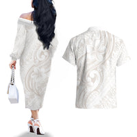 Hawaii Plumeria Lokelani Pikake Lei Couples Matching Off The Shoulder Long Sleeve Dress and Hawaiian Shirt Sandy Beige Polynesian Tattoo