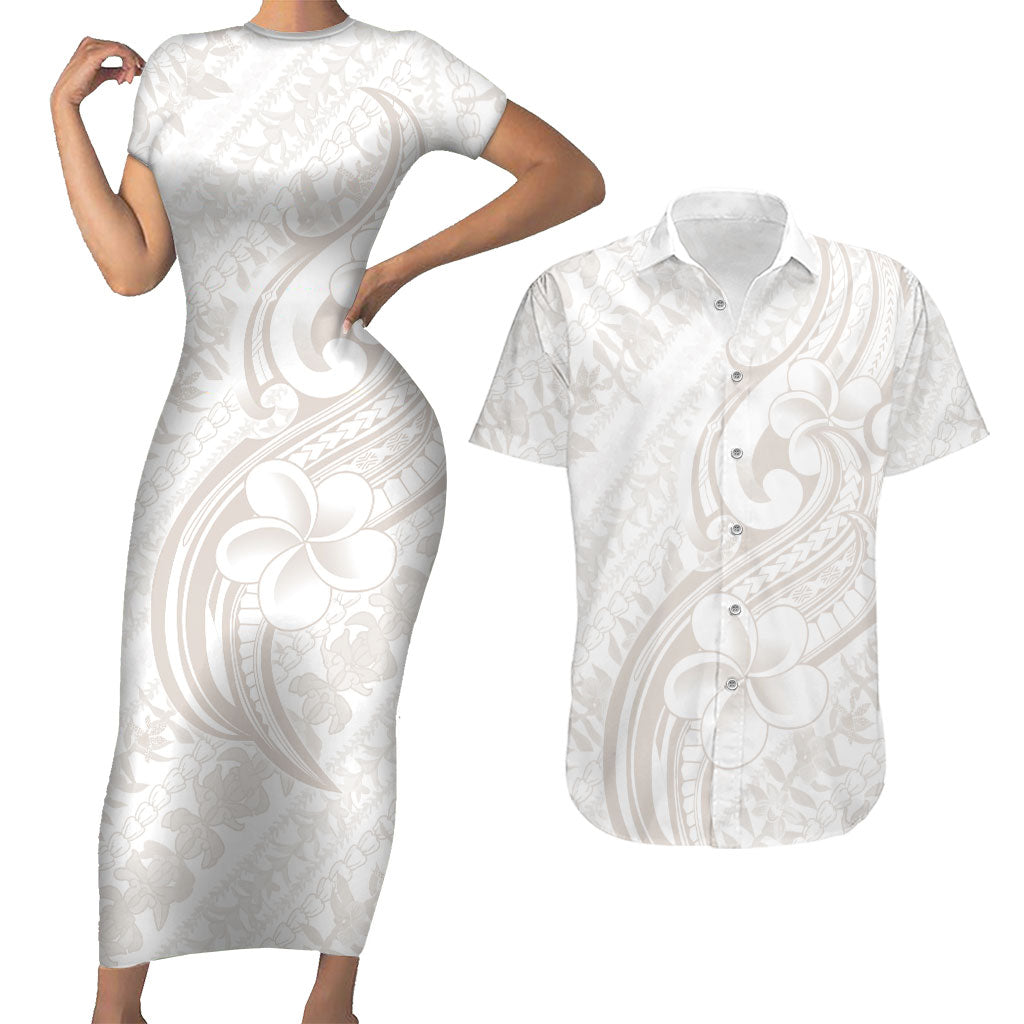 Hawaii Plumeria Lokelani Pikake Lei Couples Matching Short Sleeve Bodycon Dress and Hawaiian Shirt Sandy Beige Polynesian Tattoo LT9 Beige - Polynesian Pride