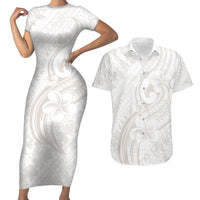Hawaii Plumeria Lokelani Pikake Lei Couples Matching Short Sleeve Bodycon Dress and Hawaiian Shirt Sandy Beige Polynesian Tattoo