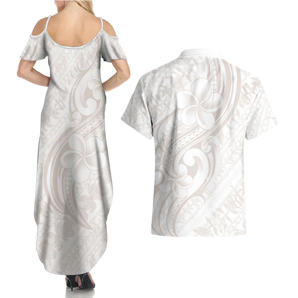 Hawaii Plumeria Lokelani Pikake Lei Couples Matching Summer Maxi Dress and Hawaiian Shirt Sandy Beige Polynesian Tattoo
