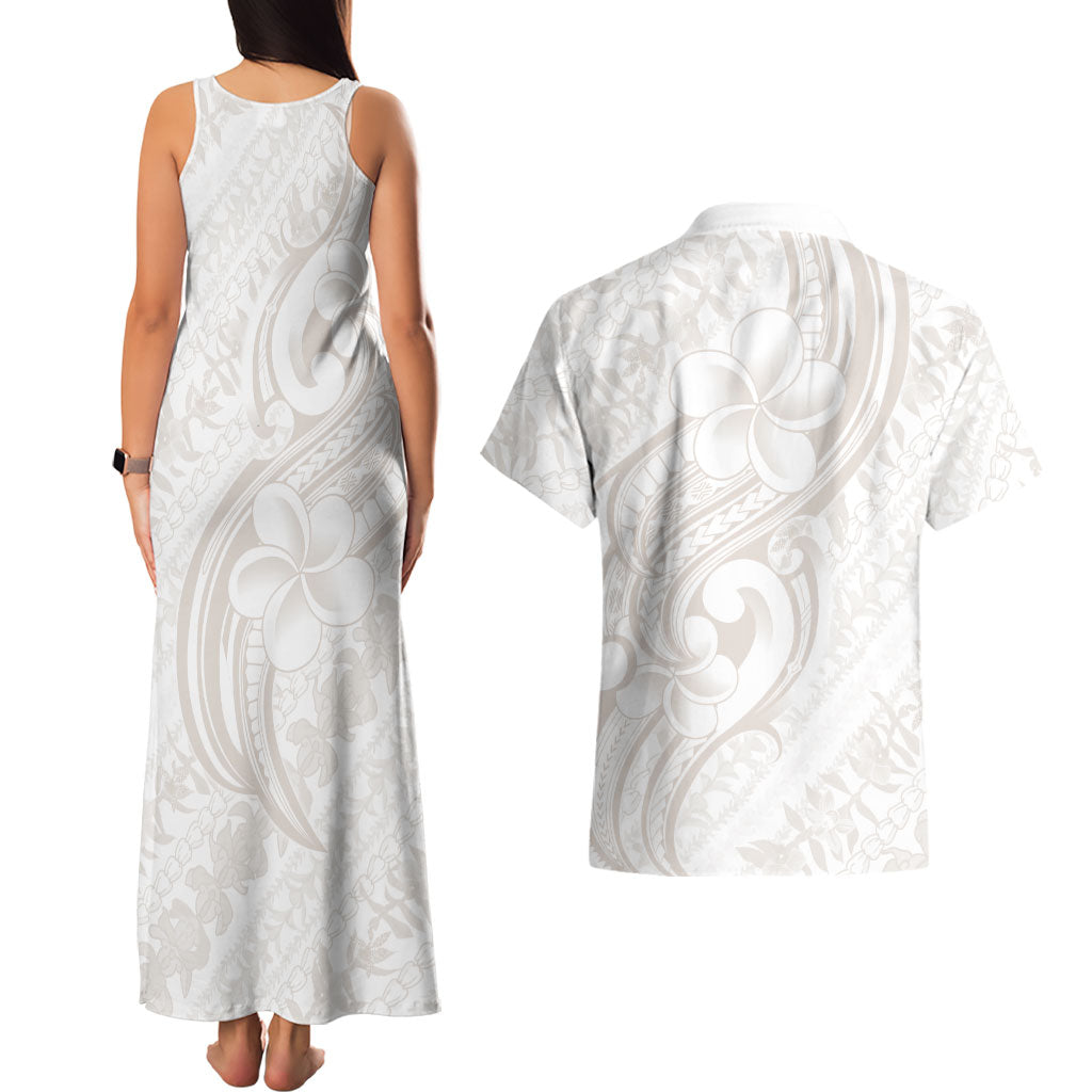 Hawaii Plumeria Lokelani Pikake Lei Couples Matching Tank Maxi Dress and Hawaiian Shirt Sandy Beige Polynesian Tattoo