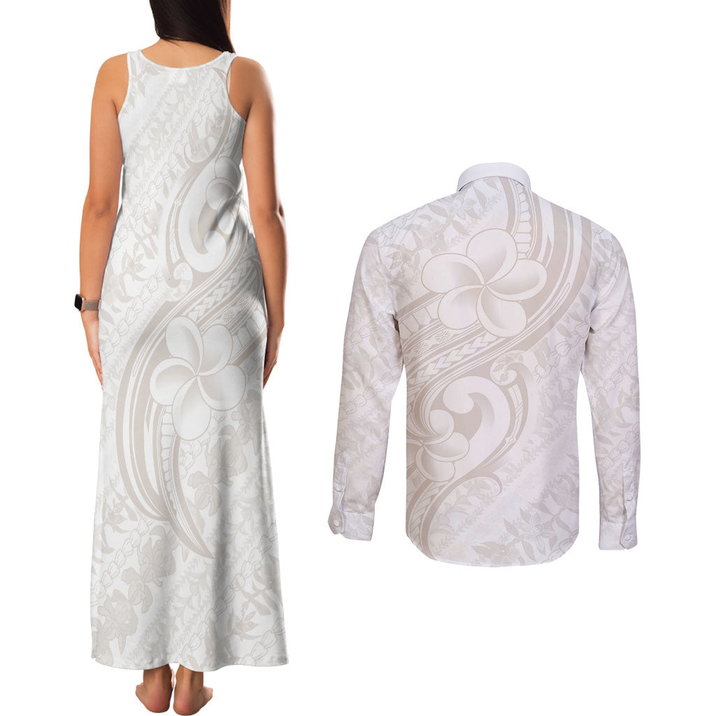 Hawaii Plumeria Lokelani Pikake Lei Couples Matching Tank Maxi Dress and Long Sleeve Button Shirt Sandy Beige Polynesian Tattoo