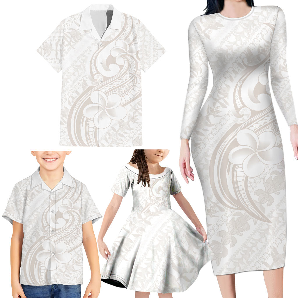 Hawaii Plumeria Lokelani Pikake Lei Family Matching Long Sleeve Bodycon Dress and Hawaiian Shirt Sandy Beige Polynesian Tattoo