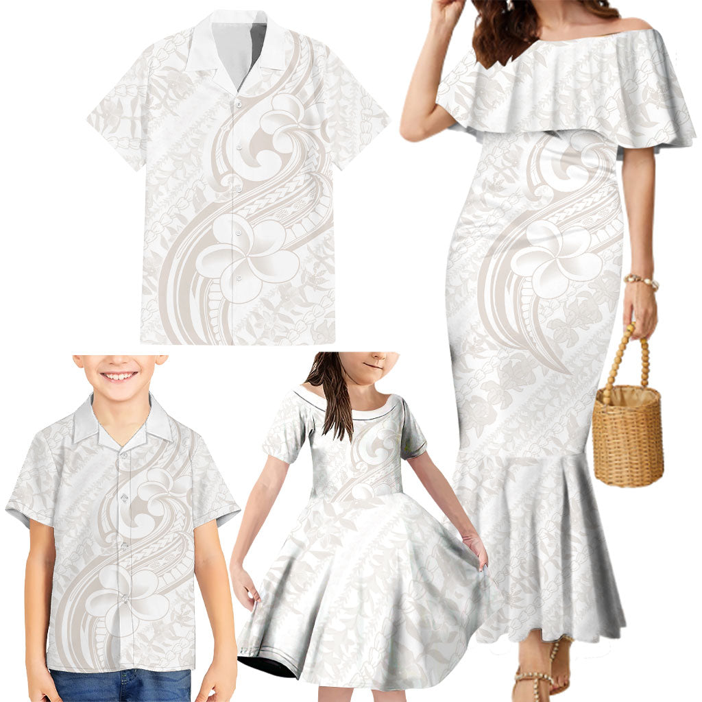 Hawaii Plumeria Lokelani Pikake Lei Family Matching Mermaid Dress and Hawaiian Shirt Sandy Beige Polynesian Tattoo