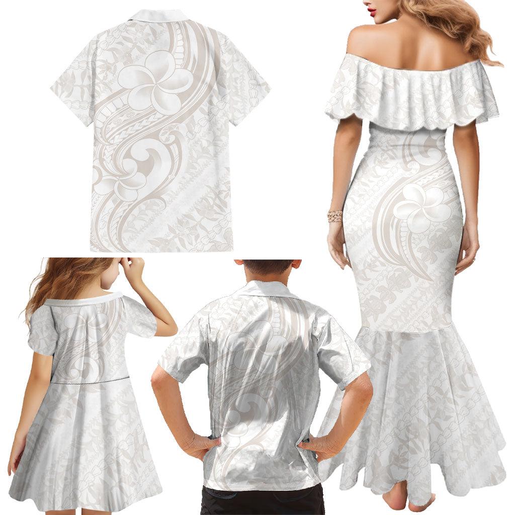 Hawaii Plumeria Lokelani Pikake Lei Family Matching Mermaid Dress and Hawaiian Shirt Sandy Beige Polynesian Tattoo