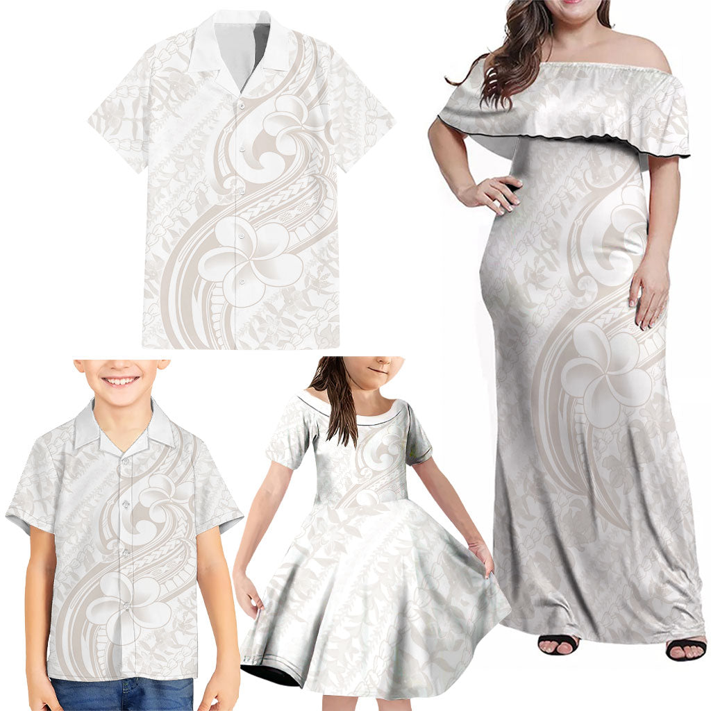 Hawaii Plumeria Lokelani Pikake Lei Family Matching Off Shoulder Maxi Dress and Hawaiian Shirt Sandy Beige Polynesian Tattoo