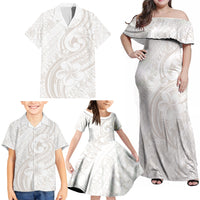 Hawaii Plumeria Lokelani Pikake Lei Family Matching Off Shoulder Maxi Dress and Hawaiian Shirt Sandy Beige Polynesian Tattoo