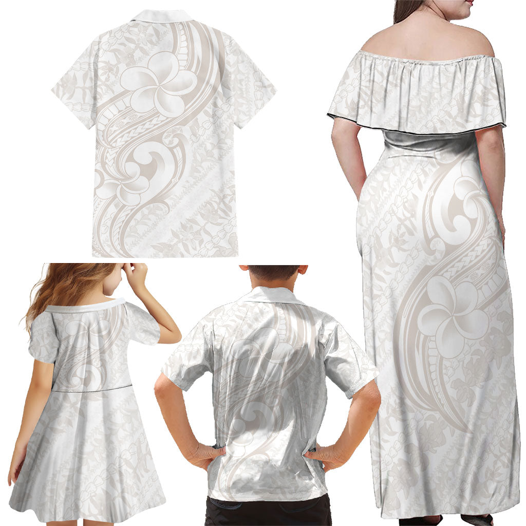 Hawaii Plumeria Lokelani Pikake Lei Family Matching Off Shoulder Maxi Dress and Hawaiian Shirt Sandy Beige Polynesian Tattoo