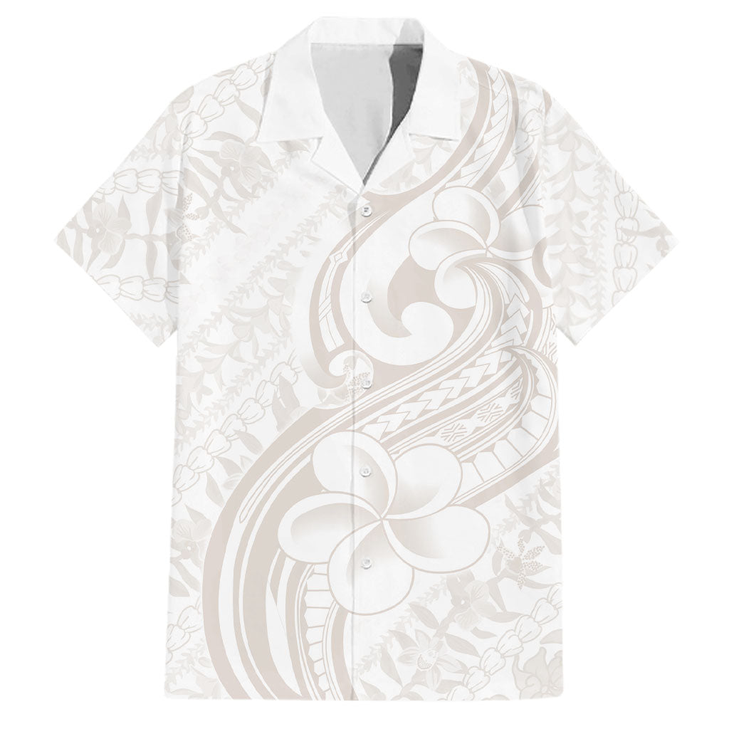 Hawaii Plumeria Lokelani Pikake Lei Family Matching Off Shoulder Short Dress and Hawaiian Shirt Sandy Beige Polynesian Tattoo