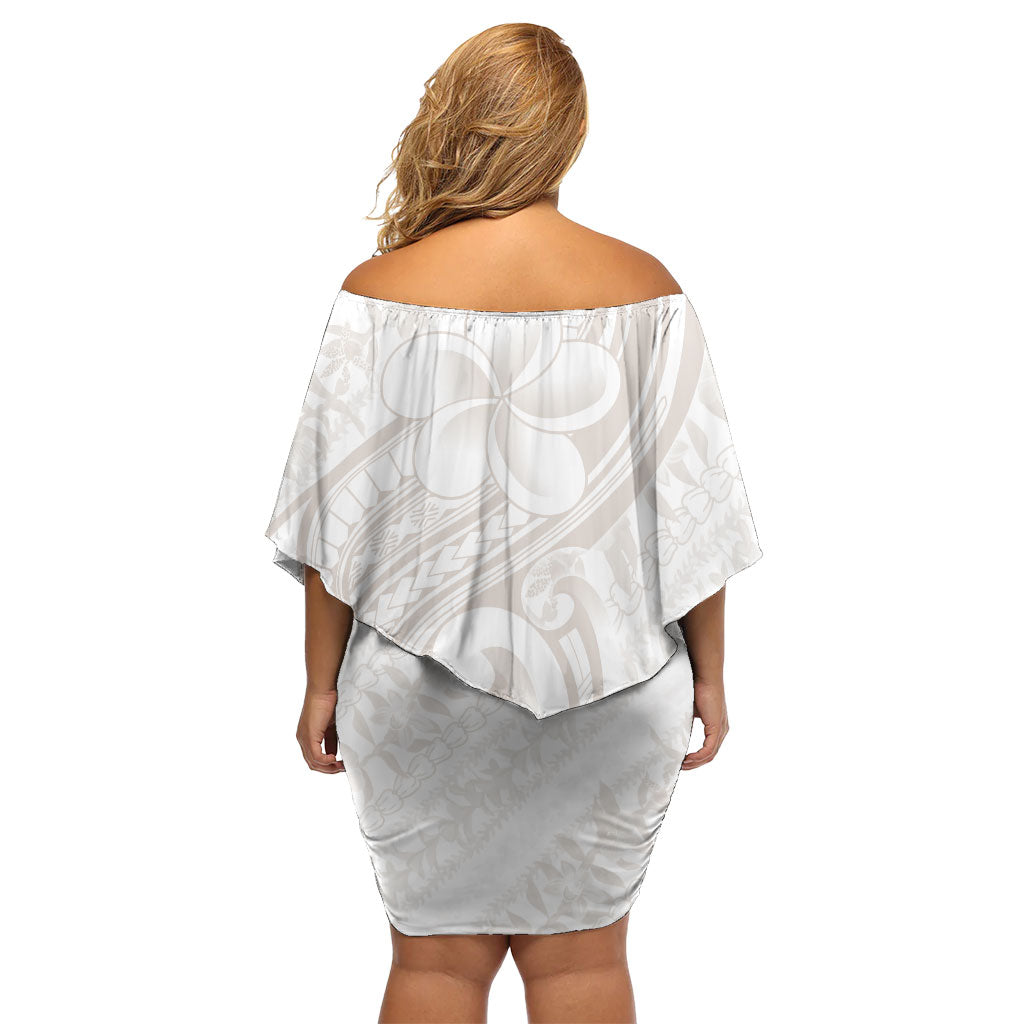 Hawaii Plumeria Lokelani Pikake Lei Family Matching Off Shoulder Short Dress and Hawaiian Shirt Sandy Beige Polynesian Tattoo