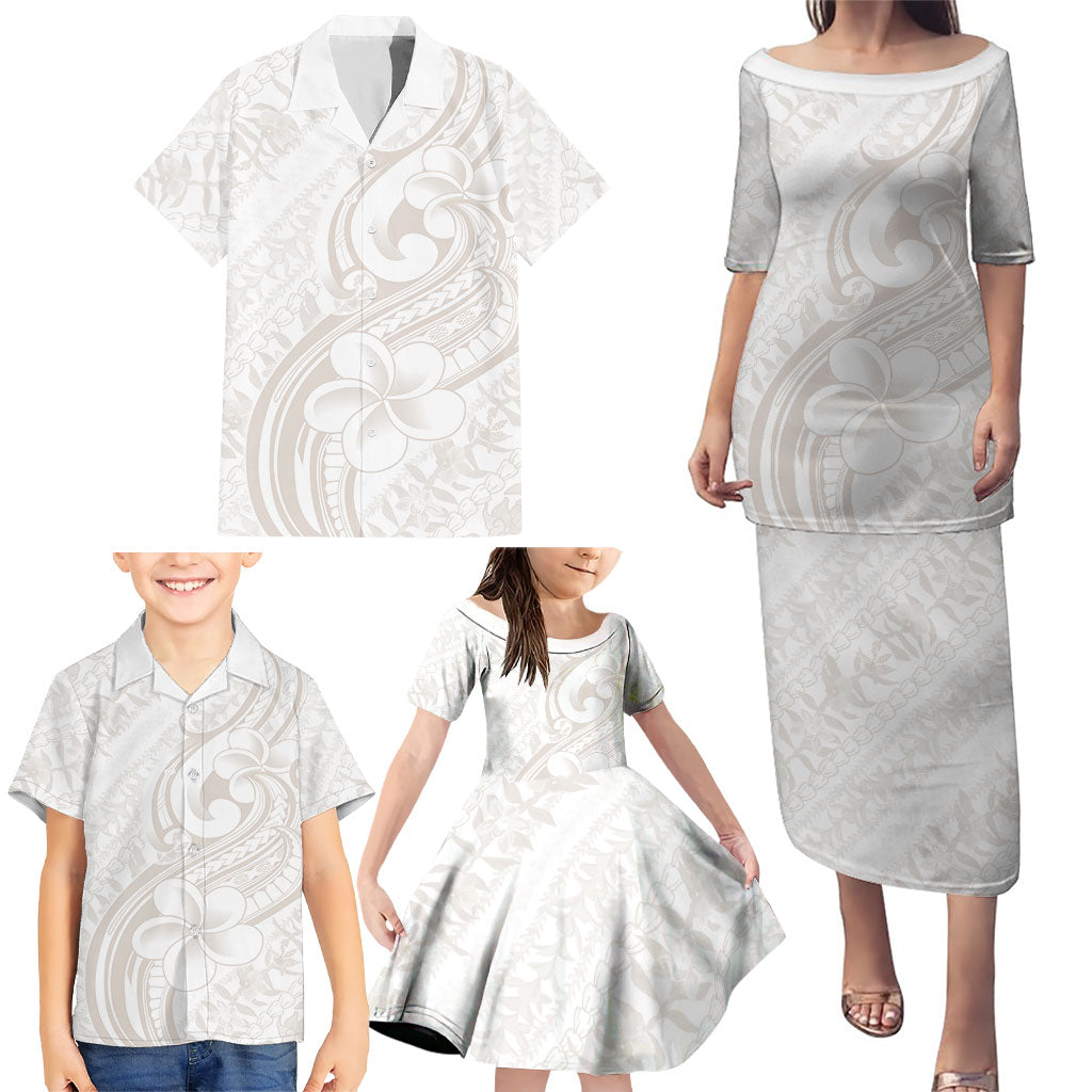 Hawaii Plumeria Lokelani Pikake Lei Family Matching Puletasi and Hawaiian Shirt Sandy Beige Polynesian Tattoo