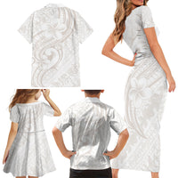 Hawaii Plumeria Lokelani Pikake Lei Family Matching Short Sleeve Bodycon Dress and Hawaiian Shirt Sandy Beige Polynesian Tattoo