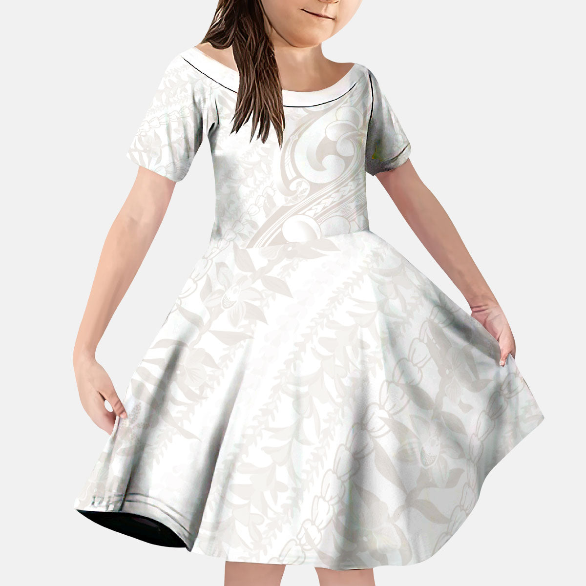 Hawaii Plumeria Lokelani Pikake Lei Kid Short Sleeve Dress Sandy Beige Polynesian Tattoo LT9 KID Beige - Polynesian Pride
