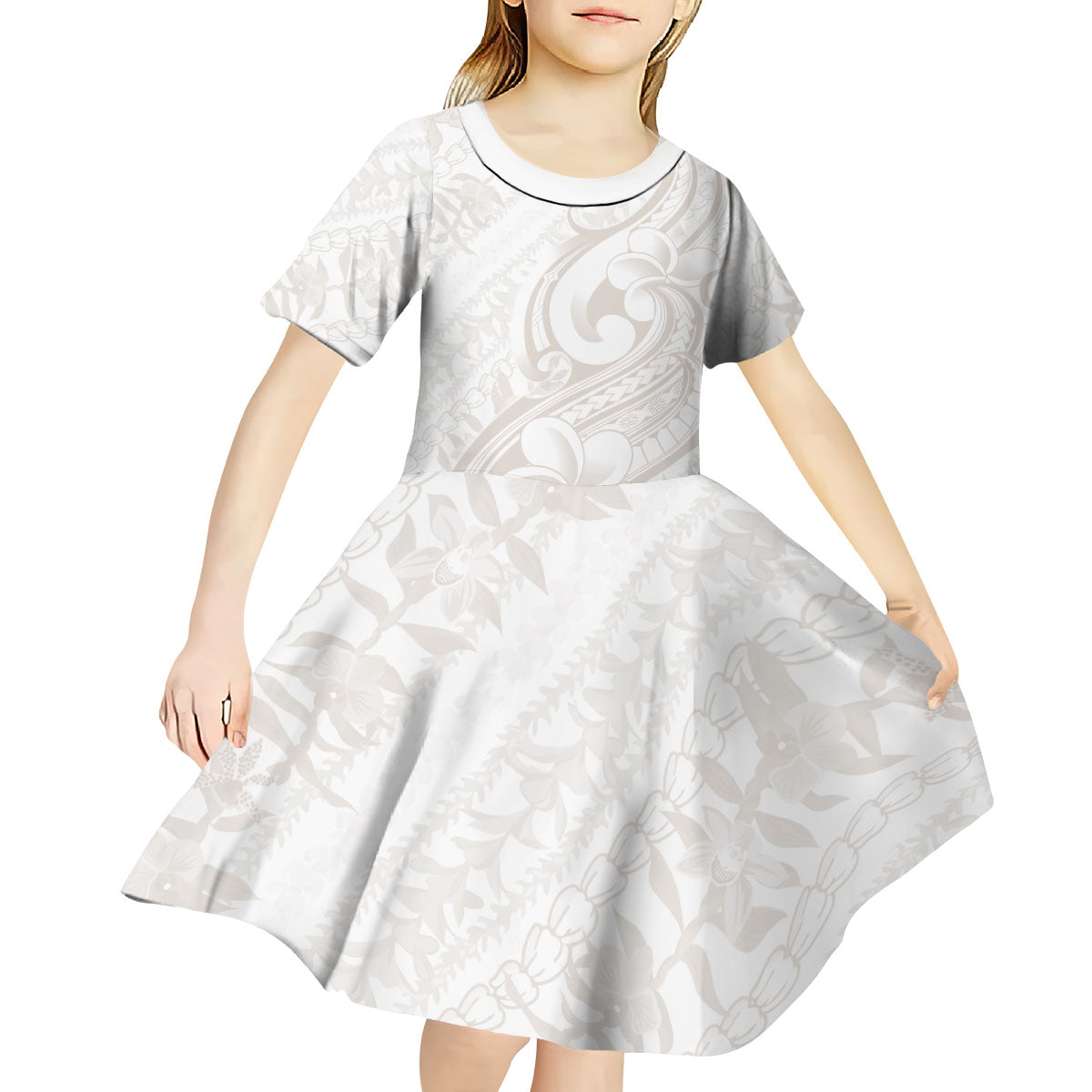 Hawaii Plumeria Lokelani Pikake Lei Kid Short Sleeve Dress Sandy Beige Polynesian Tattoo